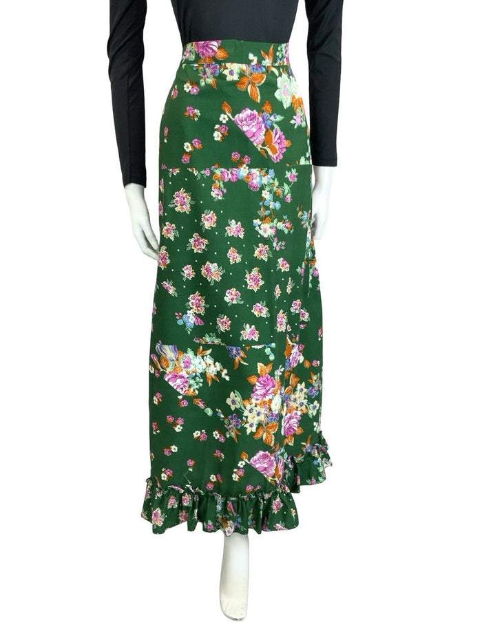 VTG 60S 70S GREEN PINK ORANGE WHITE ROSE BLOSSOM FLORAL RUFFLE MAXI SKIRT 14 16
