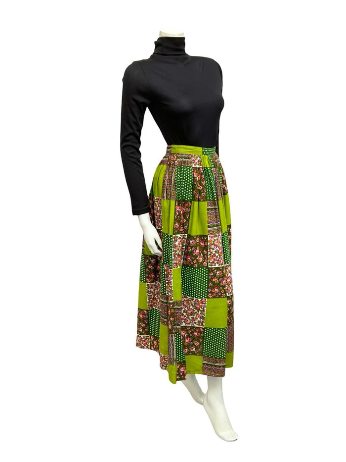 VTG 60S 70S GREEN PINK RIC RAC PATCHWORK FLORAL POLKA DOT HIPPY MAXI SKIRT 4