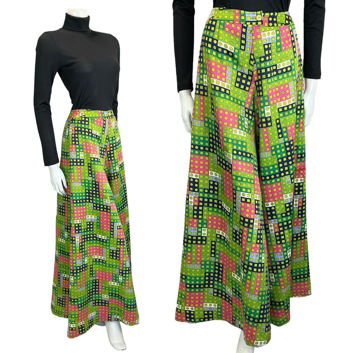 VTG 60S 70S GREEN PINK WHITE BLUE GEOMETRIC DOT PALAZZO PANTS TROUSERS 4 6