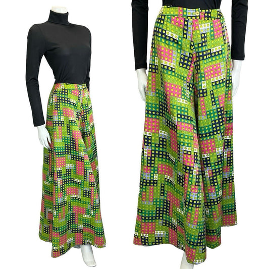 VTG 60S 70S GREEN PINK WHITE BLUE GEOMETRIC DOT PALAZZO PANTS TROUSERS 4 6