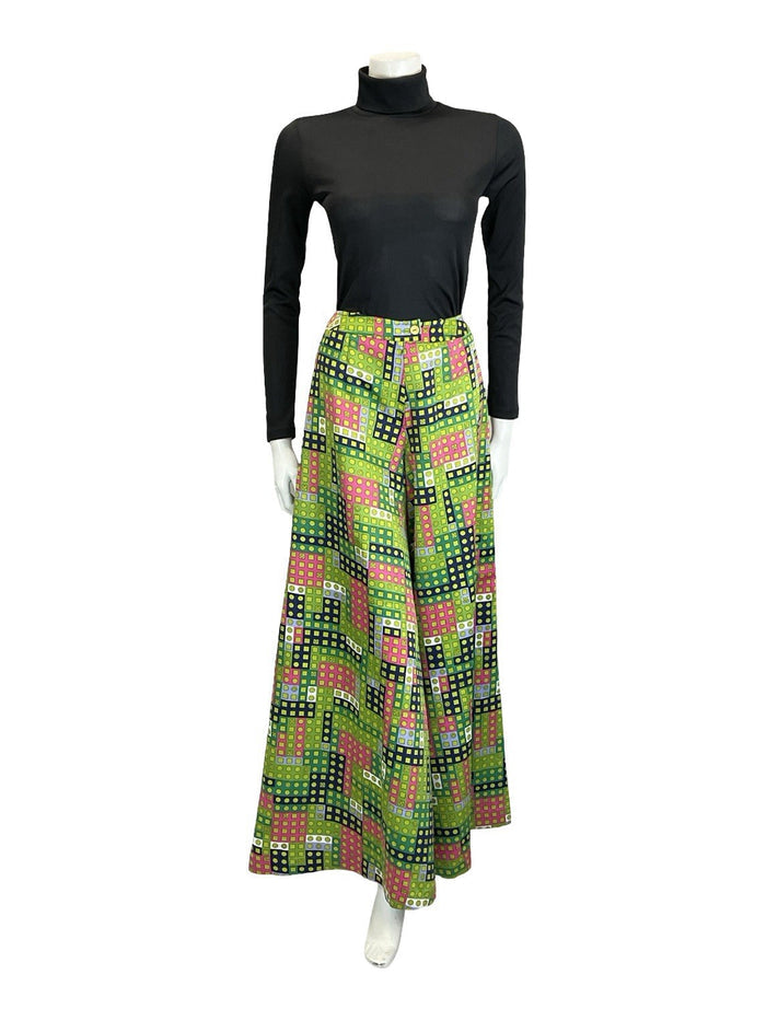 VTG 60S 70S GREEN PINK WHITE BLUE GEOMETRIC DOT PALAZZO PANTS TROUSERS 4 6