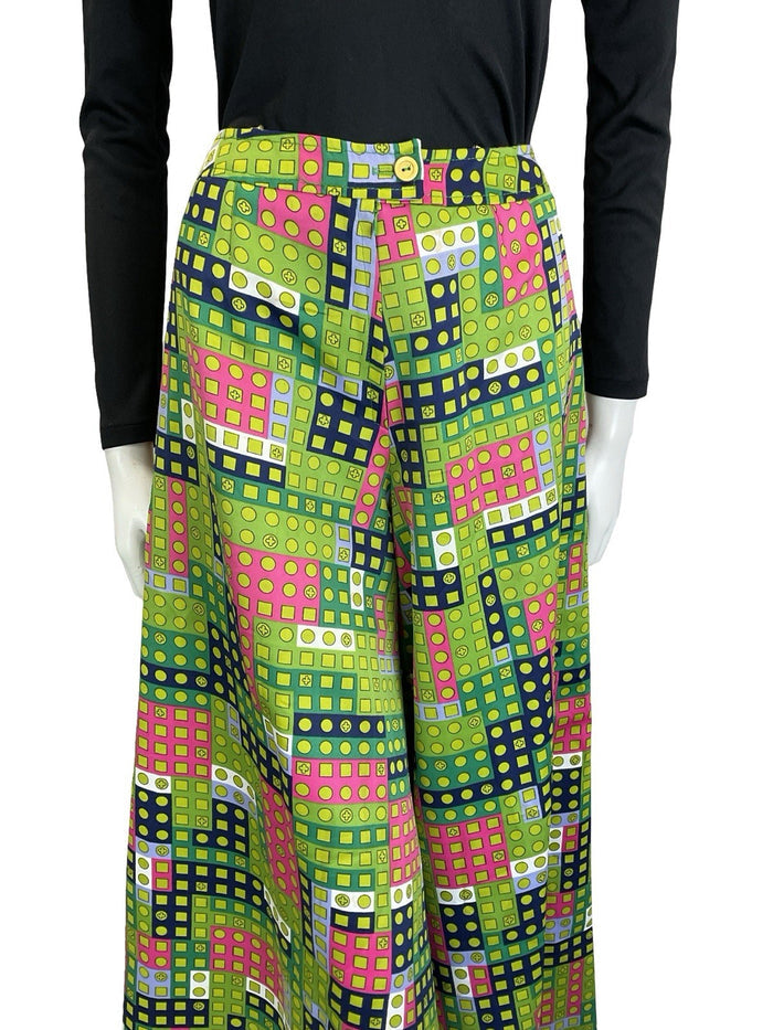 VTG 60S 70S GREEN PINK WHITE BLUE GEOMETRIC DOT PALAZZO PANTS TROUSERS 4 6