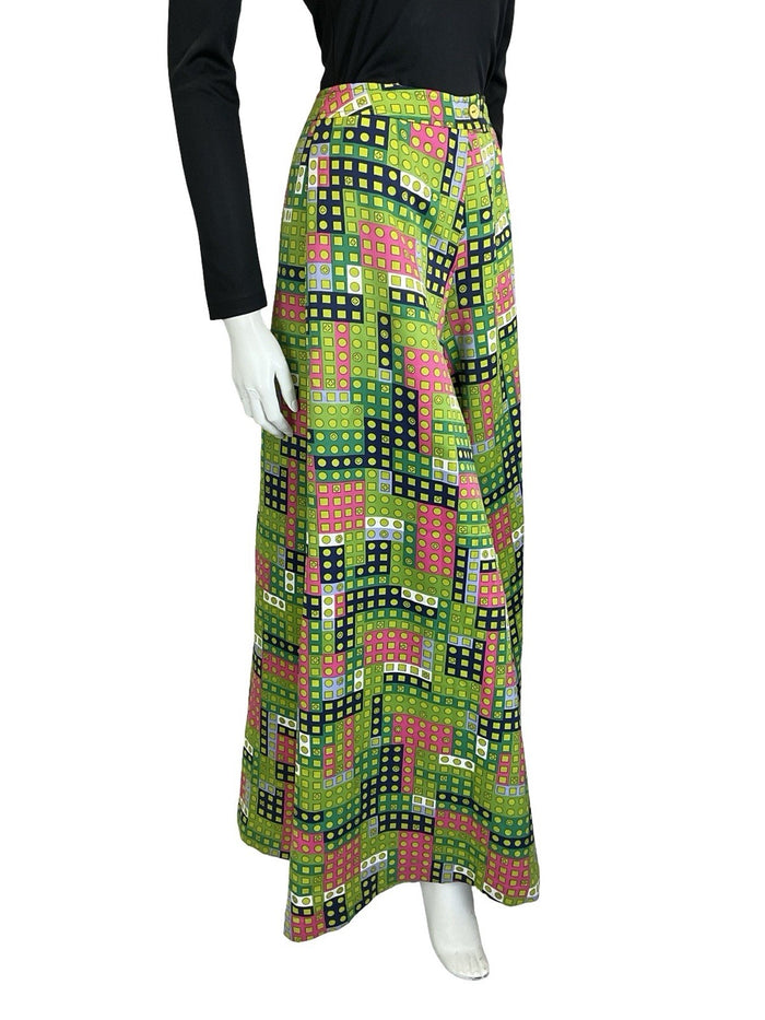 VTG 60S 70S GREEN PINK WHITE BLUE GEOMETRIC DOT PALAZZO PANTS TROUSERS 4 6