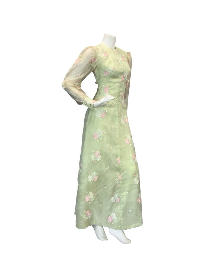 VTG 60S 70S GREEN PINK WHITE FLORAL EMBROIDERY MESH BISHOP SLEEVE MAXI DRESS 6 8