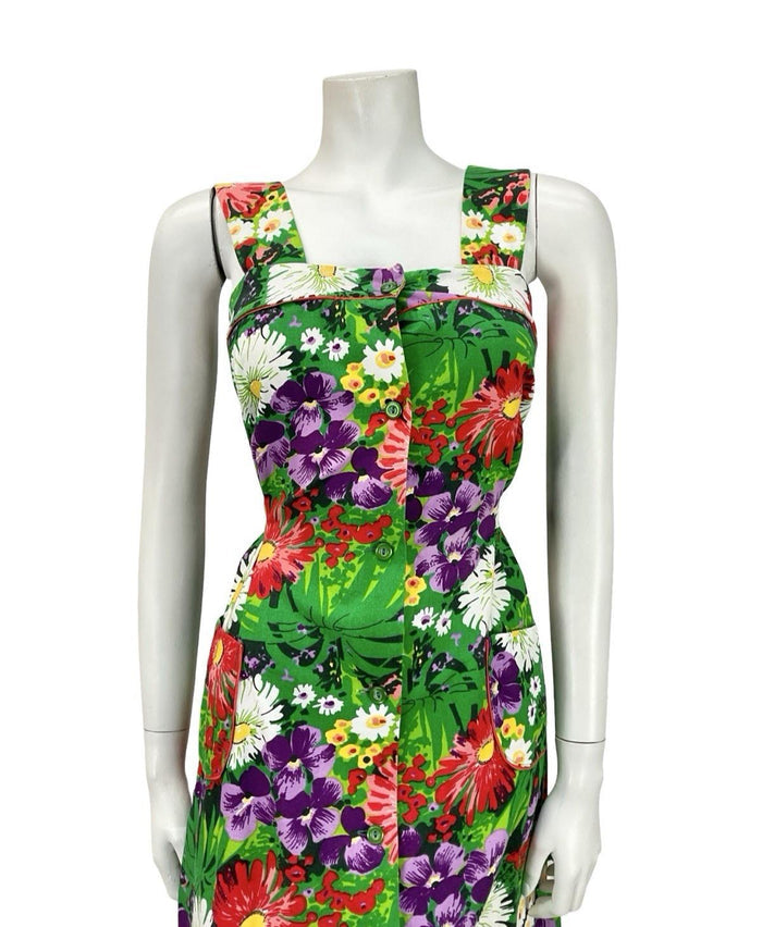 VTG 60S 70S GREEN PURPLE RED WHITE GARDEN FLORAL PINAFORE TIE WAIST DRESS 8