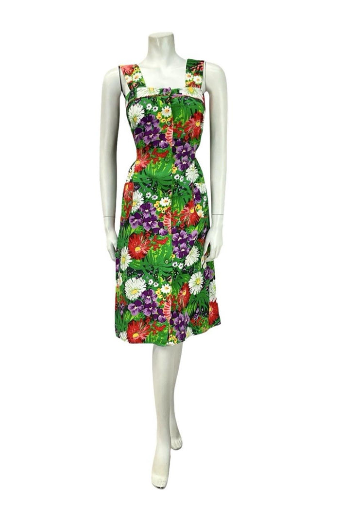 VTG 60S 70S GREEN PURPLE RED WHITE GARDEN FLORAL PINAFORE TIE WAIST DRESS 8