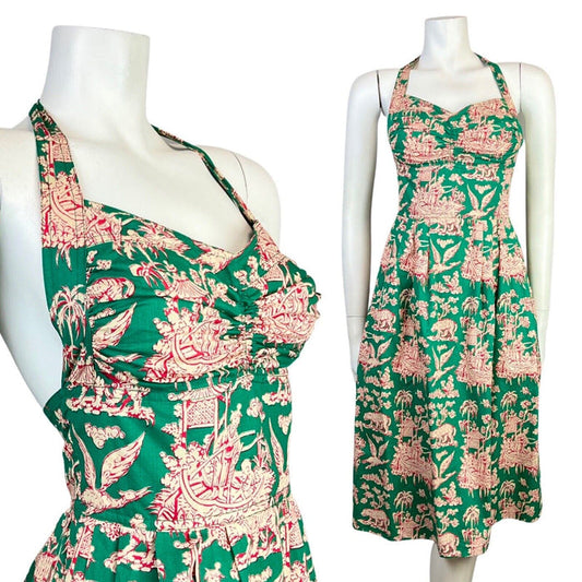 VTG 60s 70s GREEN RED CREAM CHINESE TIGER BLOSSOM CACHAREL HALTER SUN-DRESS 6 8