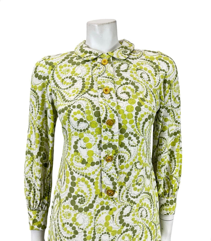 VTG 60S 70S GREEN WHITE GEOMETRIC DOTTY MOD PETER PAN COLLAR SHIFT DRESS 6 XS 4