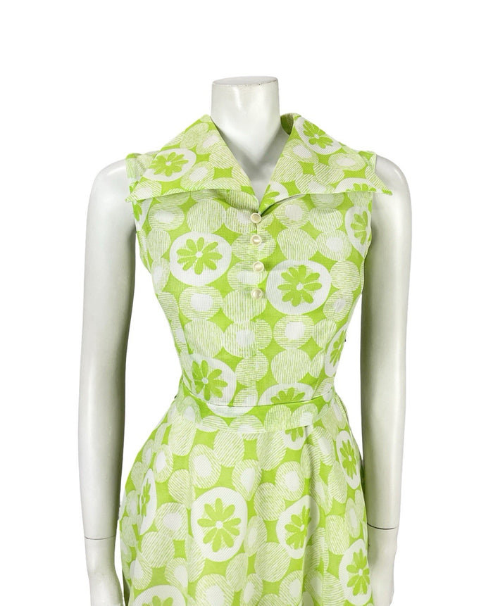 VTG 60S 70S GREEN WHITE MOD DOTTY GEOMETRIC FLORAL DAISY TIE WAIST SHIRT DRESS 8