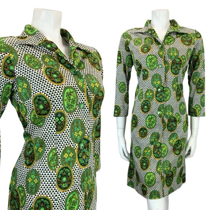 VTG 60S 70S GREEN WHITE OPEN COLLAR GEOMETRIC FLORAL SHIRT SHIFT DRESS 12