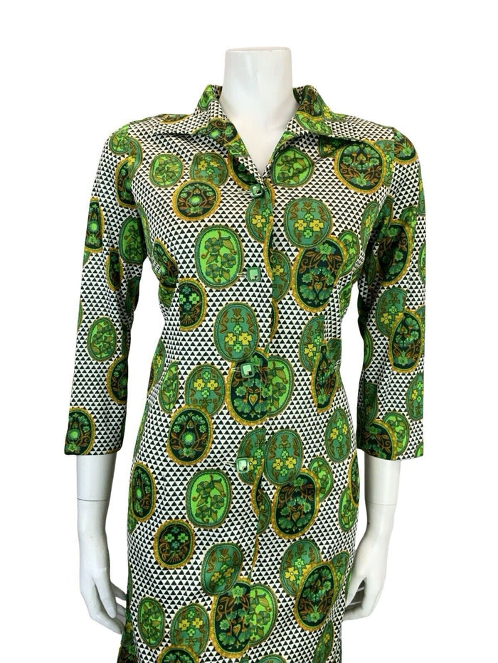 VTG 60S 70S GREEN WHITE OPEN COLLAR GEOMETRIC FLORAL SHIRT SHIFT DRESS 12