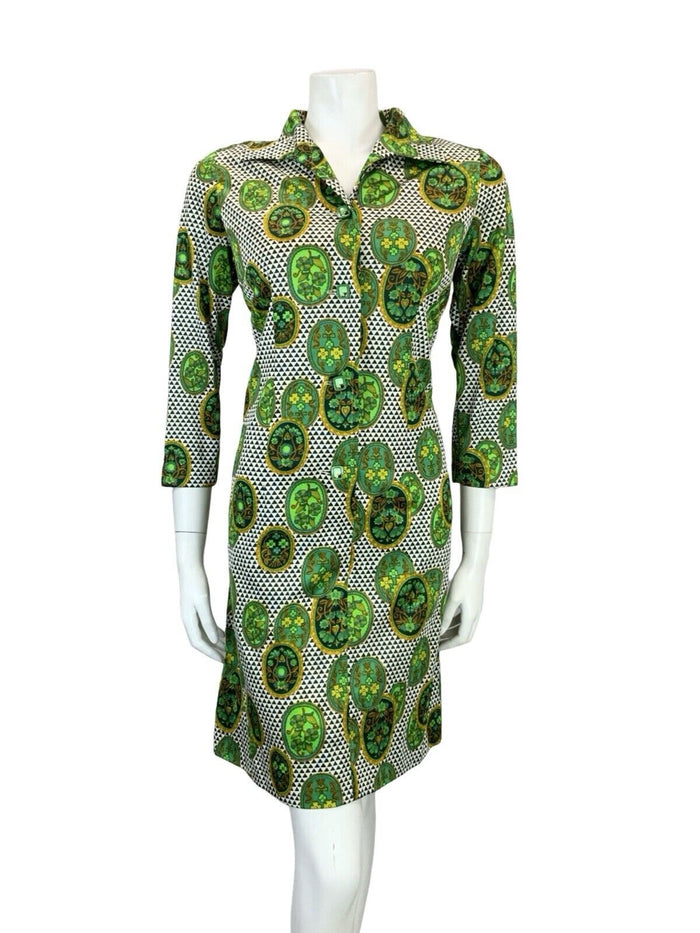 VTG 60S 70S GREEN WHITE OPEN COLLAR GEOMETRIC FLORAL SHIRT SHIFT DRESS 12