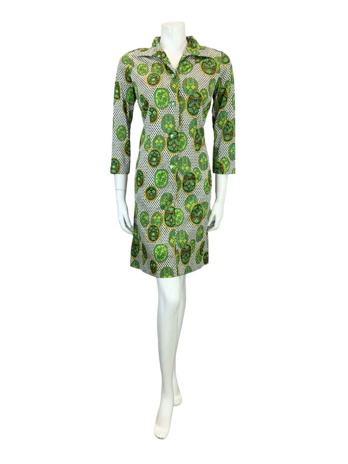 VTG 60S 70S GREEN WHITE OPEN COLLAR GEOMETRIC FLORAL SHIRT SHIFT DRESS 12