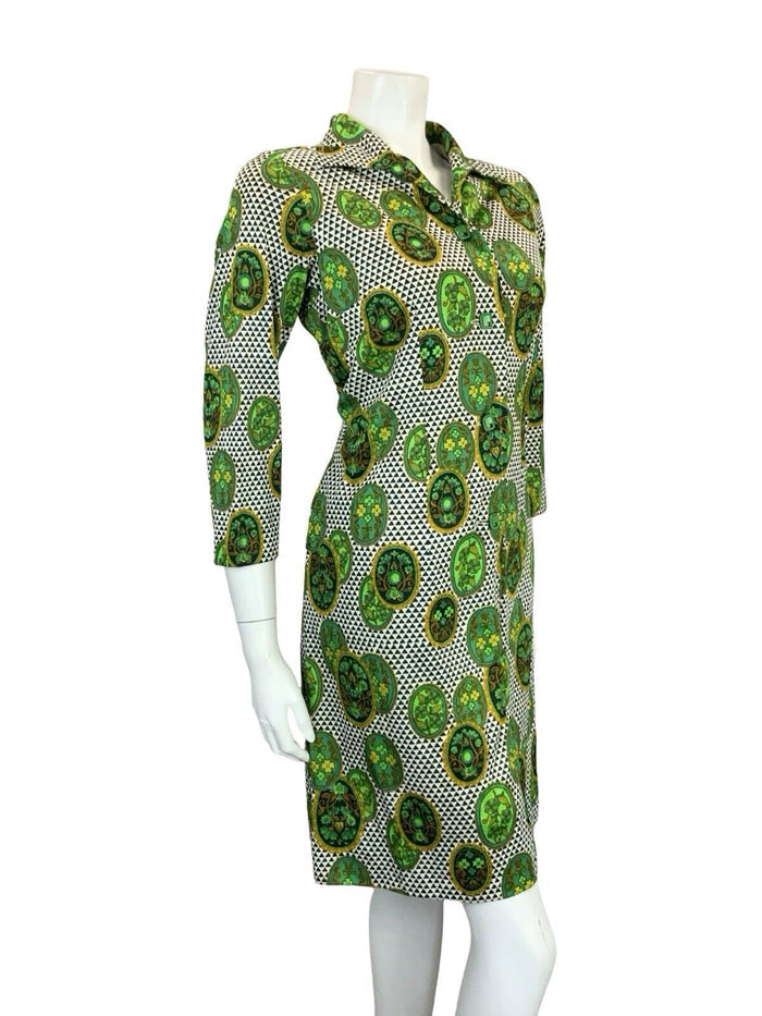 VTG 60S 70S GREEN WHITE OPEN COLLAR GEOMETRIC FLORAL SHIRT SHIFT DRESS 12