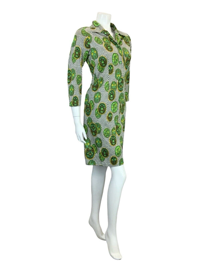 VTG 60S 70S GREEN WHITE OPEN COLLAR GEOMETRIC FLORAL SHIRT SHIFT DRESS 12