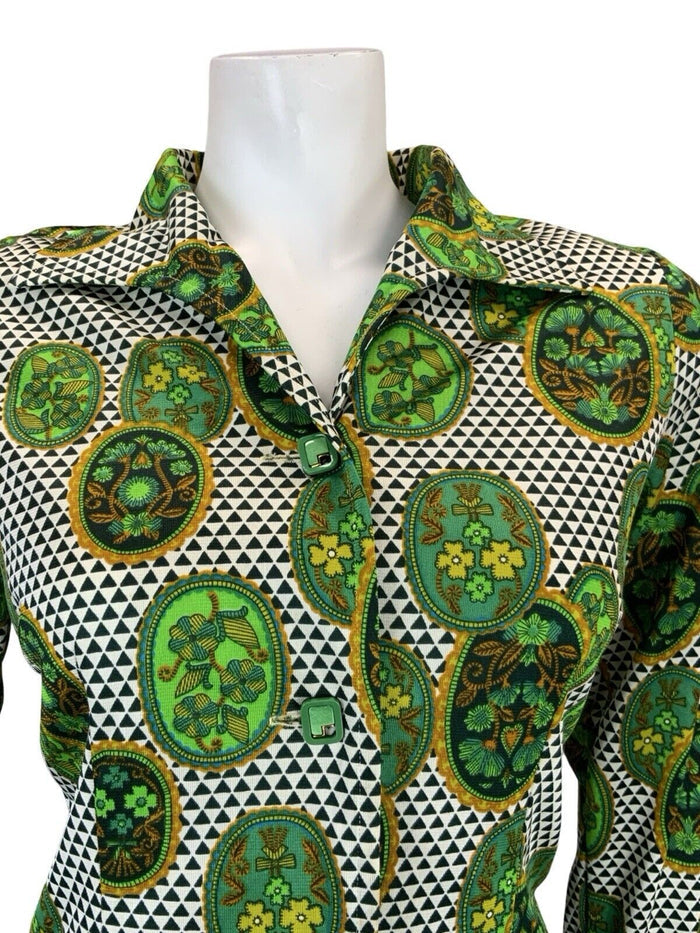 VTG 60S 70S GREEN WHITE OPEN COLLAR GEOMETRIC FLORAL SHIRT SHIFT DRESS 12