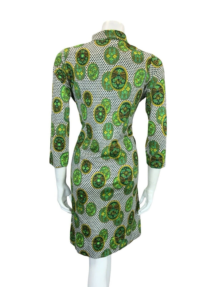 VTG 60S 70S GREEN WHITE OPEN COLLAR GEOMETRIC FLORAL SHIRT SHIFT DRESS 12