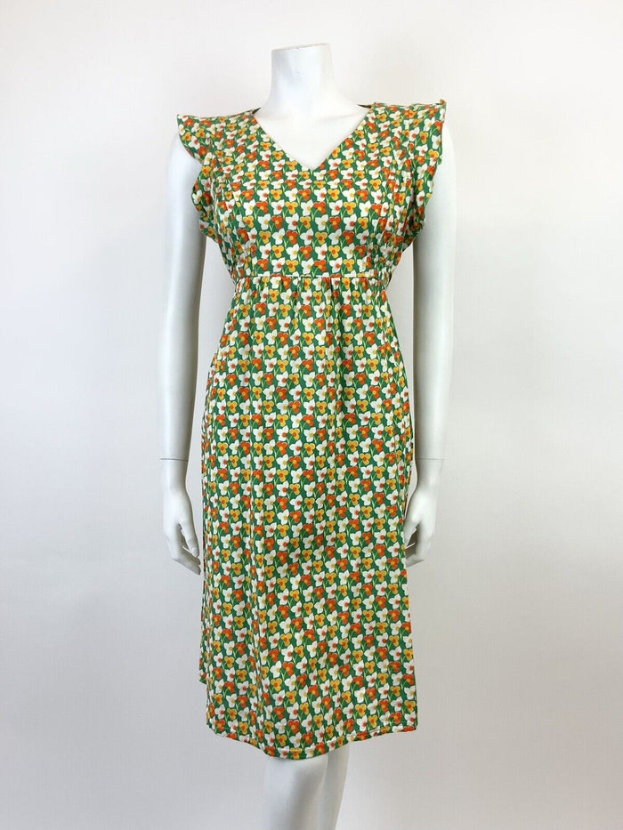 VTG 60s 70s GREEN WHITE ORANGE YELLOW FLORAL MOD SLEEVELESS SUMMER DRESS 12 14