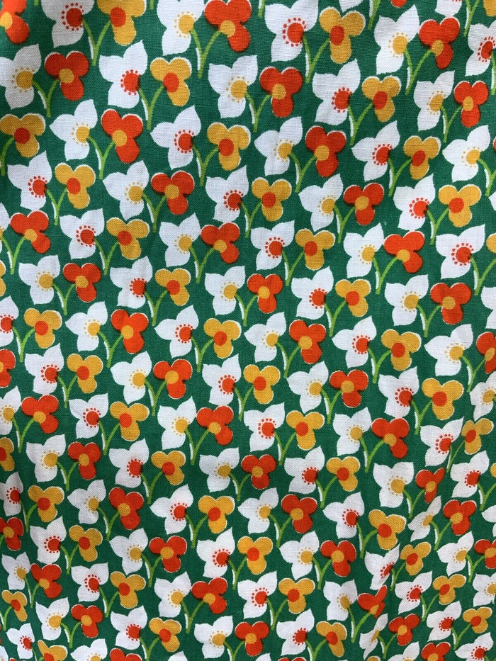 VTG 60s 70s GREEN WHITE ORANGE YELLOW FLORAL MOD SLEEVELESS SUMMER DRESS 12 14