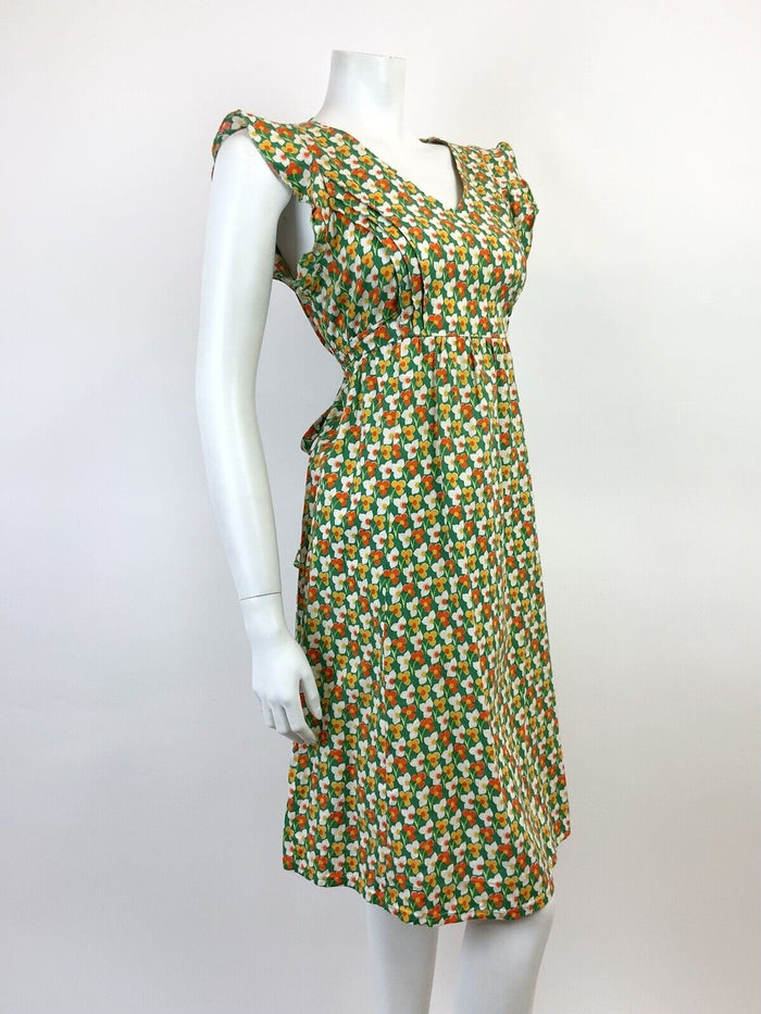 VTG 60s 70s GREEN WHITE ORANGE YELLOW FLORAL MOD SLEEVELESS SUMMER DRESS 12 14