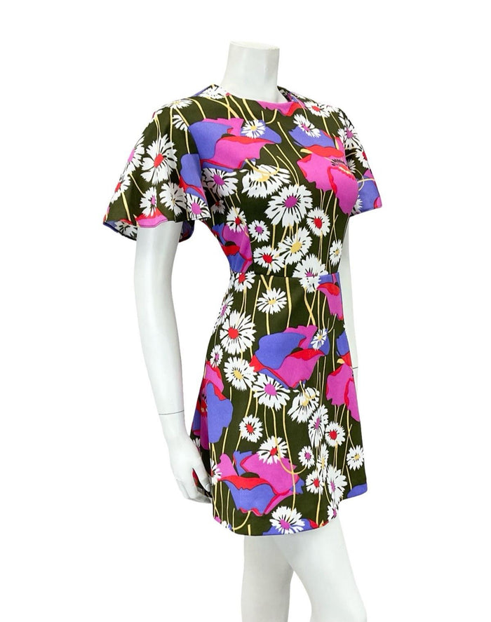 VTG 60S 70S GREEN WHITE PINK PURPLE FLORAL DAISY POPPY SWING MINI DRESS 12 14 M
