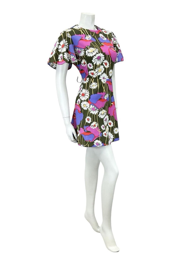 VTG 60S 70S GREEN WHITE PINK PURPLE FLORAL DAISY POPPY SWING MINI DRESS 12 14 M