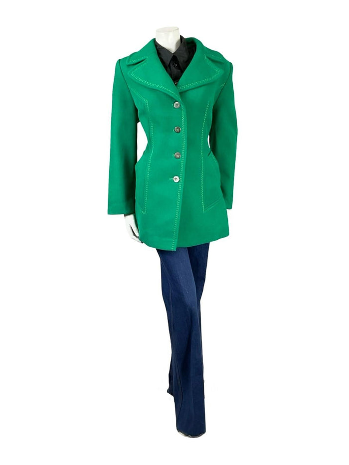 VTG 60S 70S GREEN WOOL MOD CONTRAST STITCHING NOTCH LAPEL COLLAR COAT 14