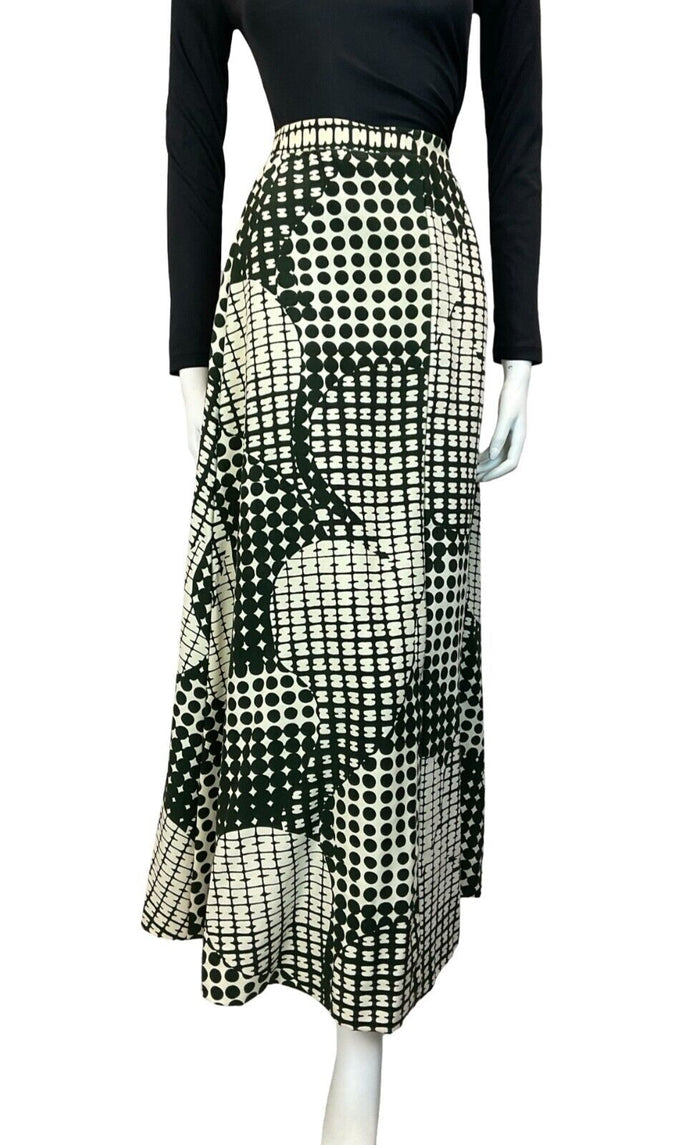 VTG 60S 70S GREEN/BLACK WHITE GEOMETRIC SPOTTY ABSTRACT PRINT MAXI SKIRT SIZE 12