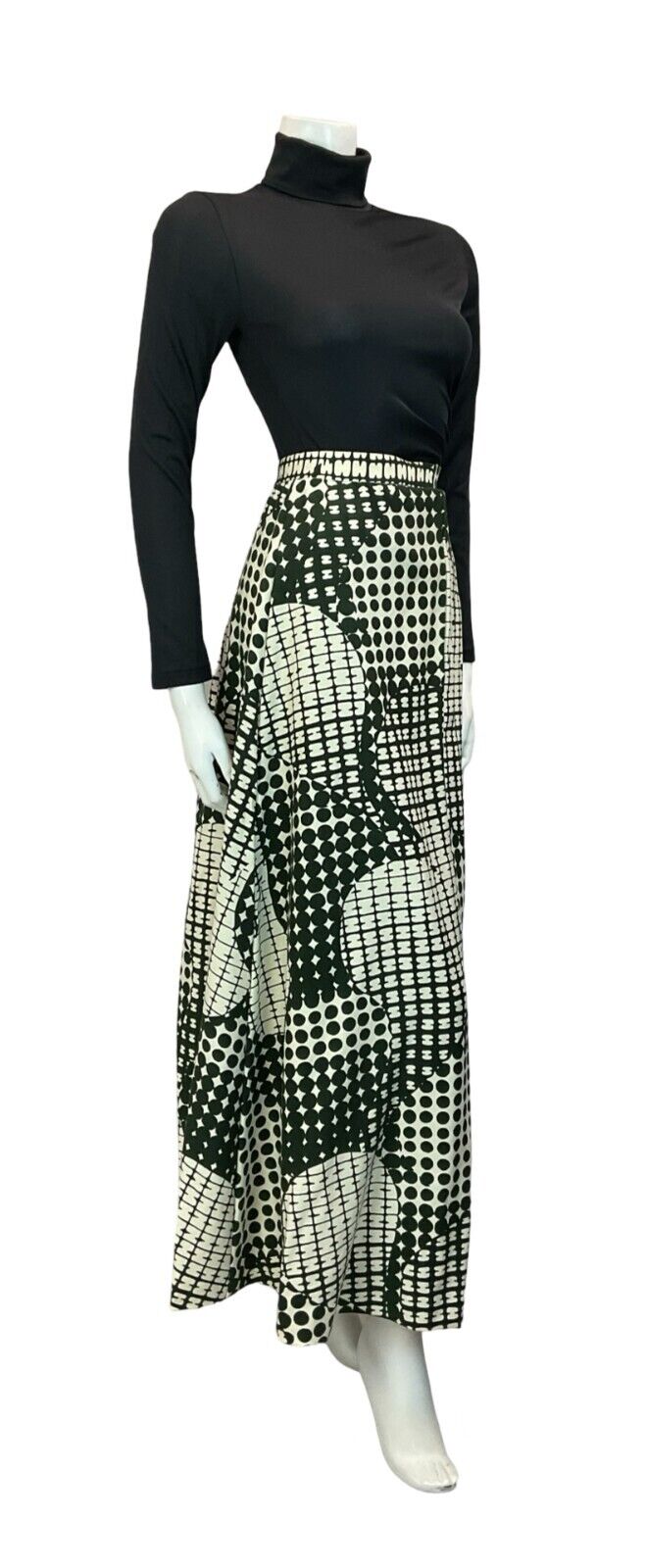 VTG 60S 70S GREEN/BLACK WHITE GEOMETRIC SPOTTY ABSTRACT PRINT MAXI SKIRT SIZE 12
