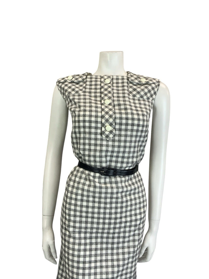 VTG 60S 70S GREY WHITE BLACK SECRETARY GINGHAM BELTED MOD SHIFT DRESS 10