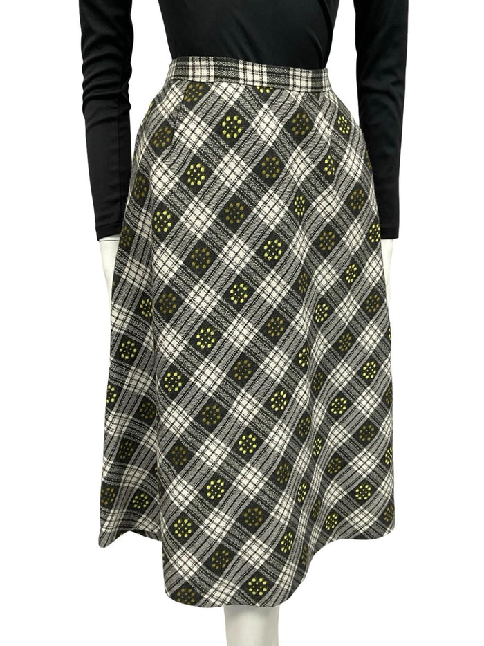 VTG 60S 70S GREY WHITE YELLOW PLAID DOTTY WOOL SECRETARY MIDI SKIRT 8