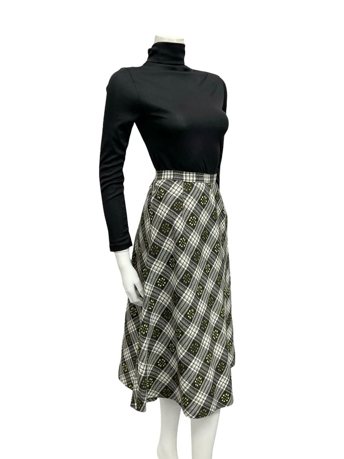 VTG 60S 70S GREY WHITE YELLOW PLAID DOTTY WOOL SECRETARY MIDI SKIRT 8