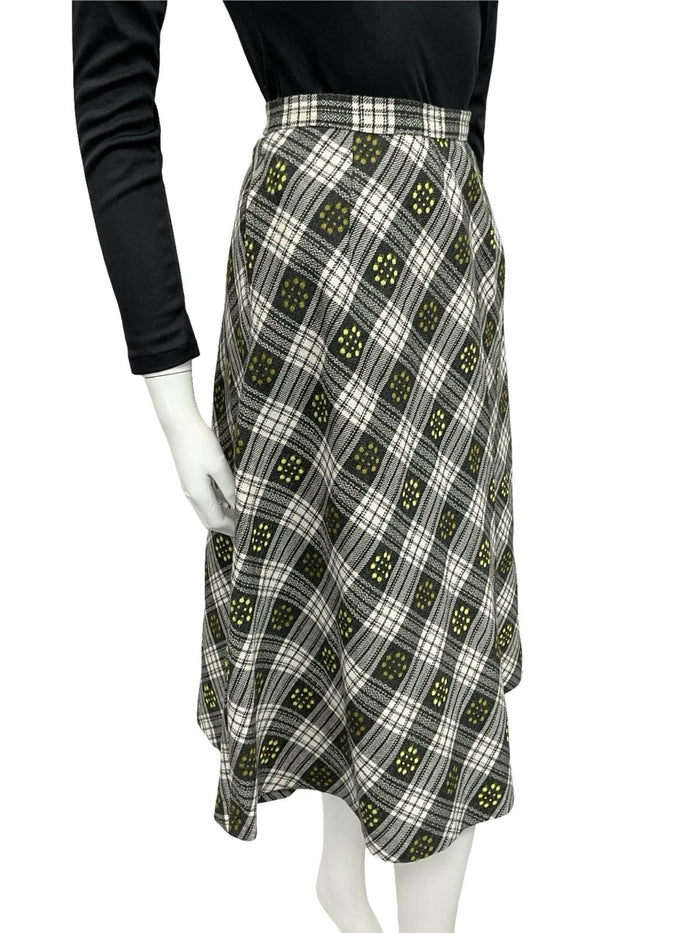 VTG 60S 70S GREY WHITE YELLOW PLAID DOTTY WOOL SECRETARY MIDI SKIRT 8