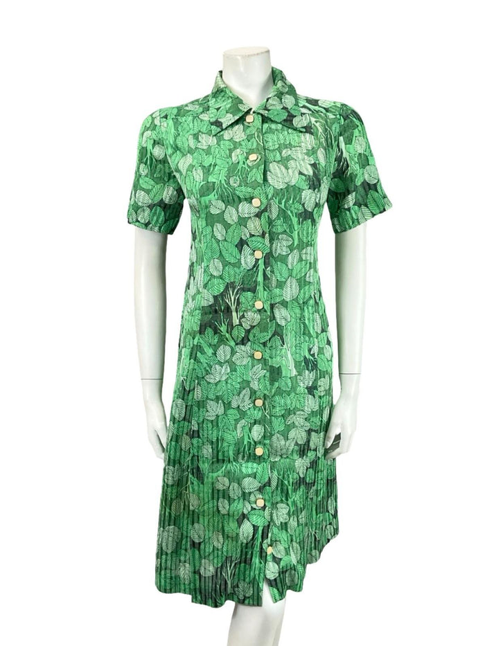 VTG 60S 70S JAPANESE GREEN BLACK TREE LEAFY DAGGER COLLAR SHIFT DRESS 12