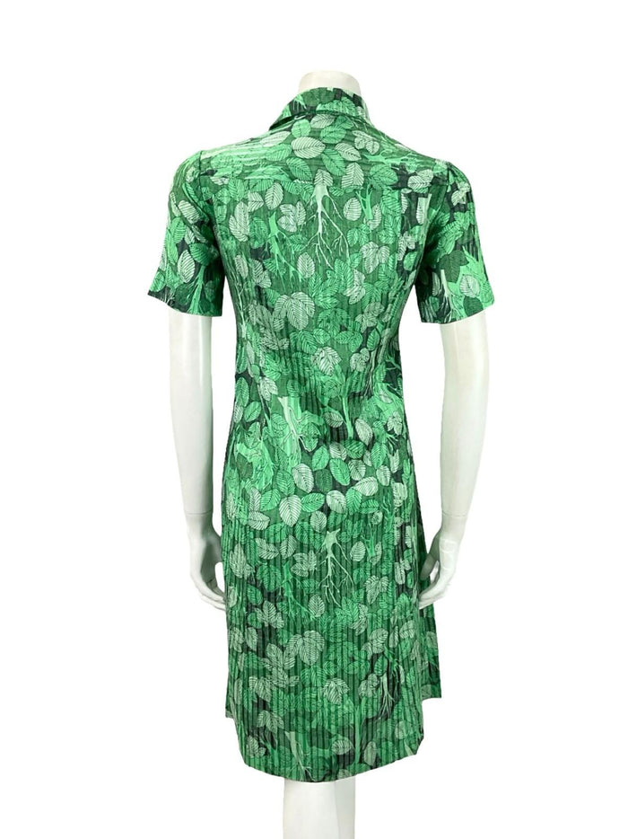 VTG 60S 70S JAPANESE GREEN BLACK TREE LEAFY DAGGER COLLAR SHIFT DRESS 12