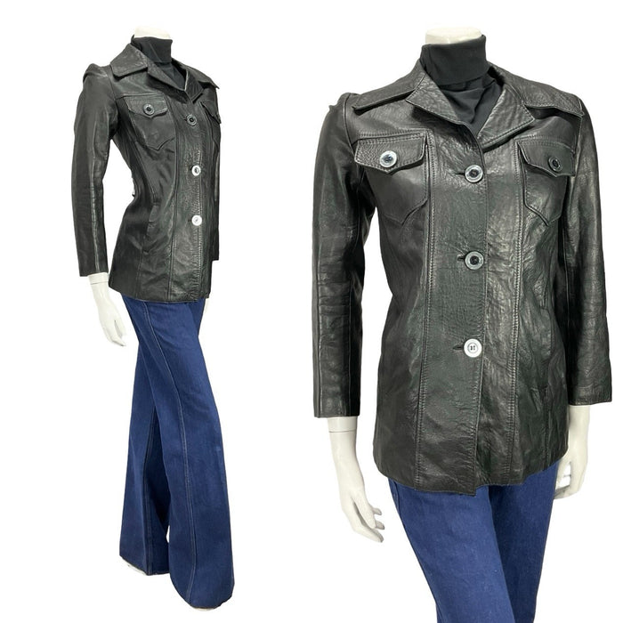 VTG 60S 70S JET BLACK DAGGER NOTCH LAPEL BIKER MOD PUNK LEATHER JACKET 10