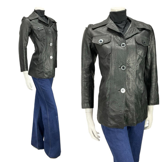 VTG 60S 70S JET BLACK DAGGER NOTCH LAPEL BIKER MOD PUNK LEATHER JACKET 10