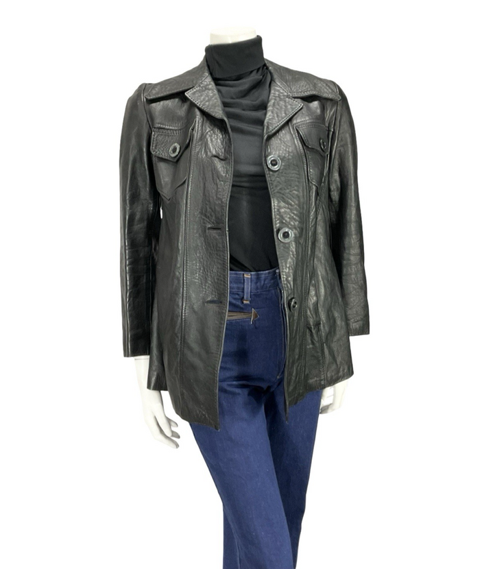 VTG 60S 70S JET BLACK DAGGER NOTCH LAPEL BIKER MOD PUNK LEATHER JACKET 10