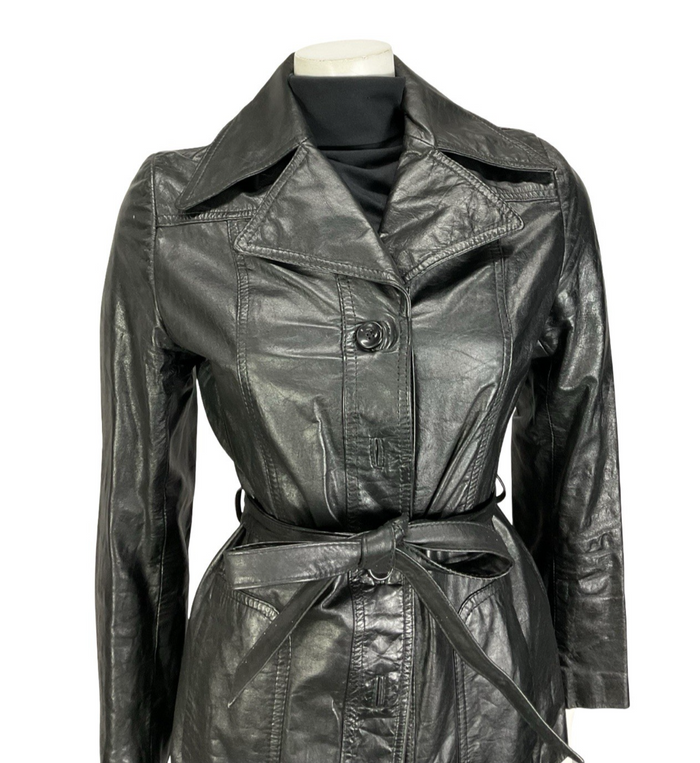 VTG 60S 70S JET BLACK LEATHER MOD TIE WAIST NOTCH LAPEL JACKET 8