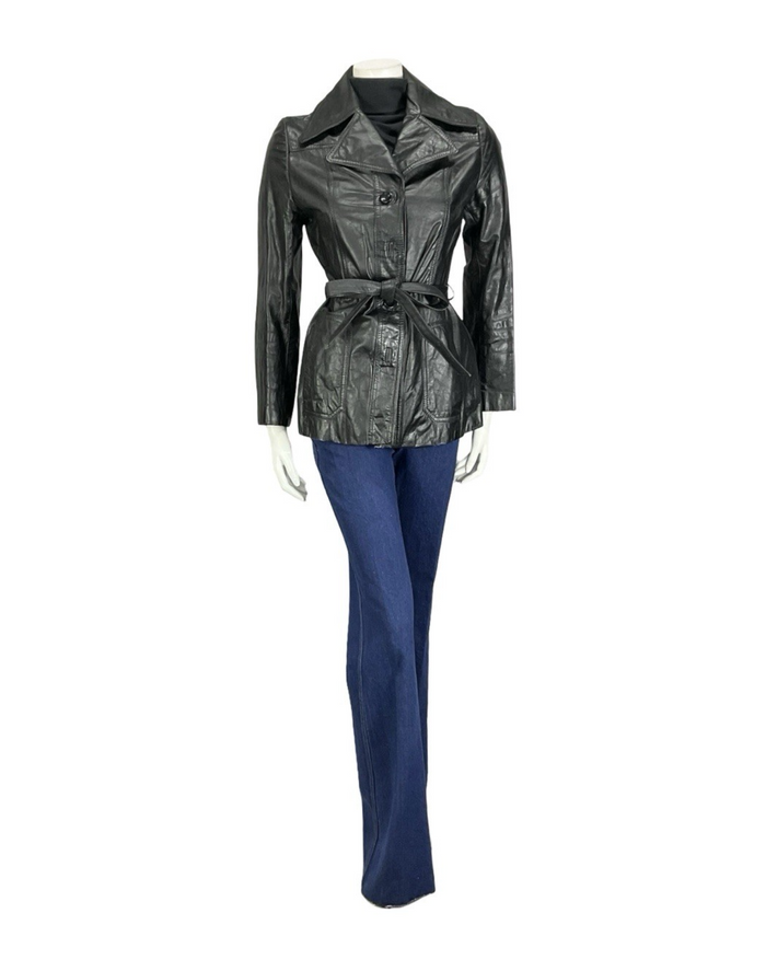 VTG 60S 70S JET BLACK LEATHER MOD TIE WAIST NOTCH LAPEL JACKET 8