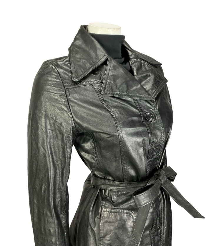 VTG 60S 70S JET BLACK LEATHER MOD TIE WAIST NOTCH LAPEL JACKET 8