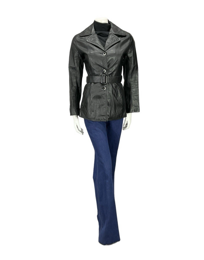 VTG 60S 70S JET BLACK NOTCH LAPEL COLLAR BELTED WELT POCKET LEATHER JACKET 8