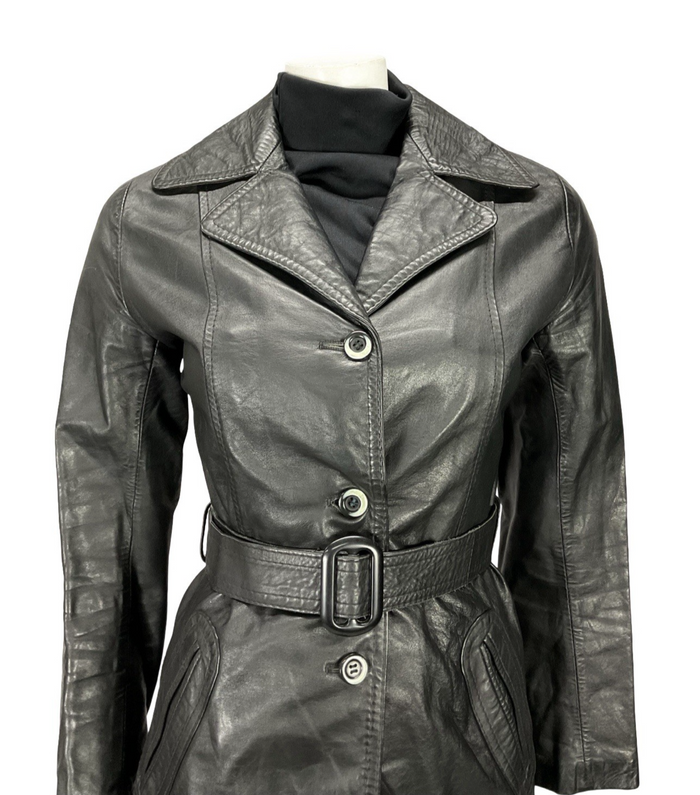 VTG 60S 70S JET BLACK NOTCH LAPEL COLLAR BELTED WELT POCKET LEATHER JACKET 8