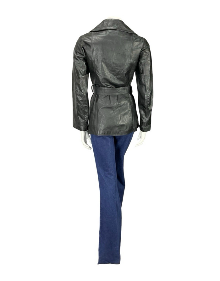 VTG 60S 70S JET BLACK NOTCH LAPEL COLLAR BELTED WELT POCKET LEATHER JACKET 8