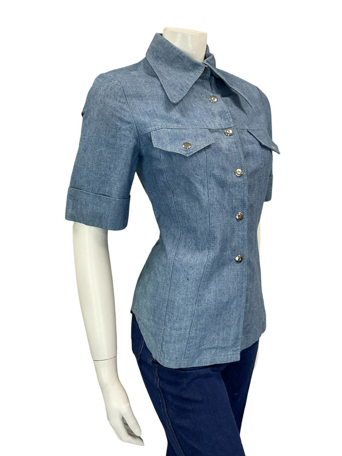 VTG 60S 70S LIGHT BLUE DAGGER COLLAR SHORT SLEEVE POPPER BUTTON DENIM SHIRT 6 XS