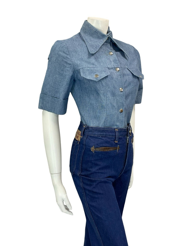 VTG 60S 70S LIGHT BLUE DAGGER COLLAR SHORT SLEEVE POPPER BUTTON DENIM SHIRT 6 XS
