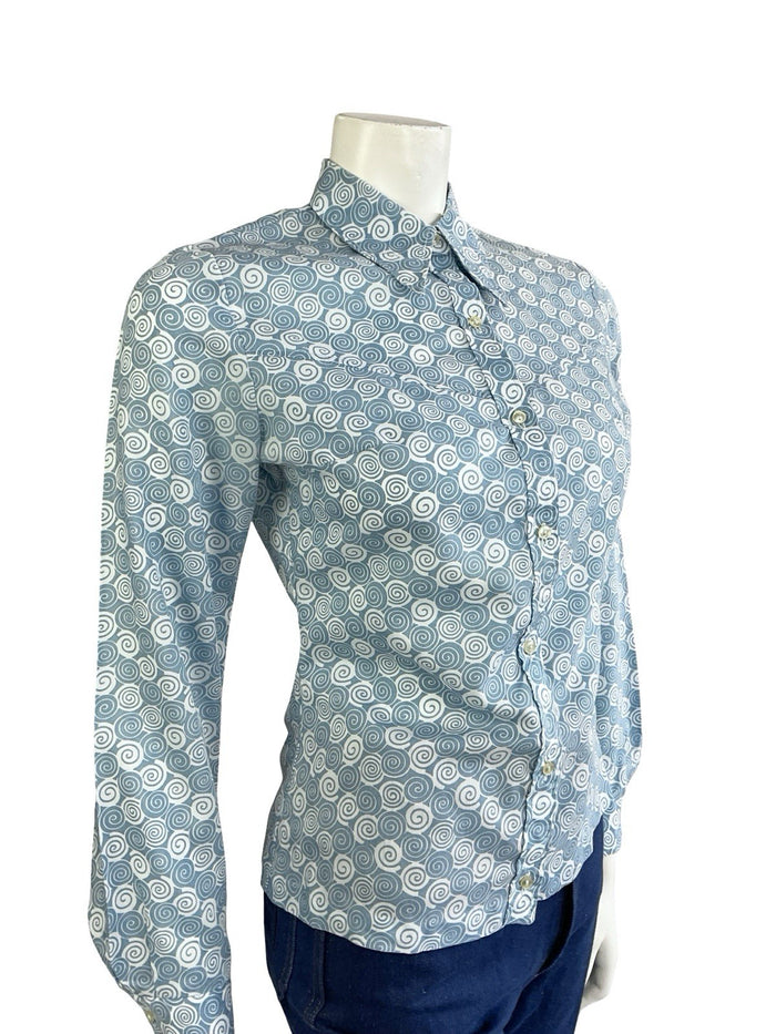 VTG 60S 70S LIGHT BLUE SPIRAL GEOMETRIC SWIRL DAGGER COLLAR SHIRT 10
