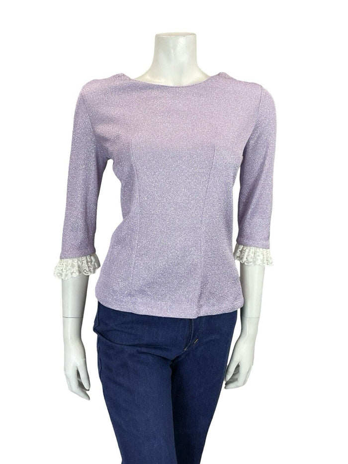 VTG 60S 70S LILAC PURPLE LUREX LACE TRIM 1/2 SLEEVE PARTY PRAIRIE MOD TOP 8