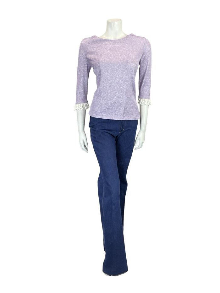VTG 60S 70S LILAC PURPLE LUREX LACE TRIM 1/2 SLEEVE PARTY PRAIRIE MOD TOP 8