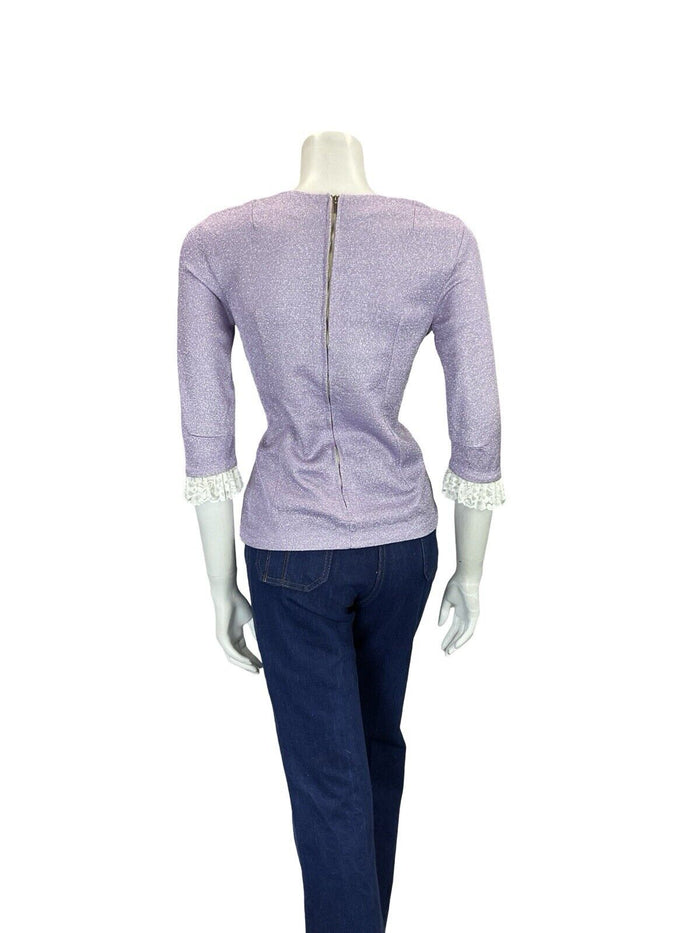 VTG 60S 70S LILAC PURPLE LUREX LACE TRIM 1/2 SLEEVE PARTY PRAIRIE MOD TOP 8